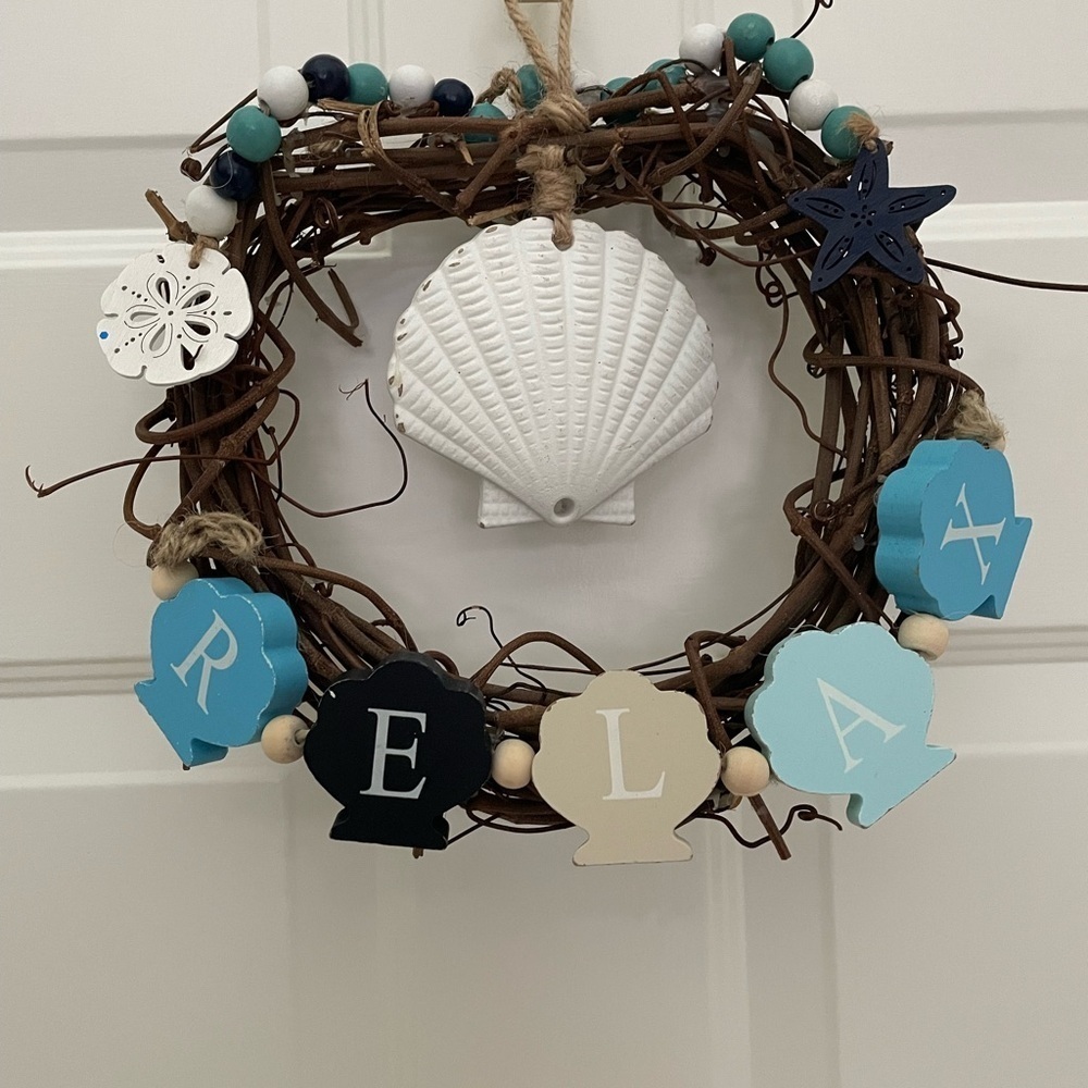 Coastal βRelaxβ Grapevine Wreath with Shell Accents